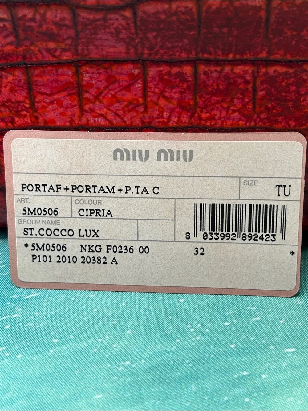 Miu Miu Red Crocodile Embossed Wallet COA Card